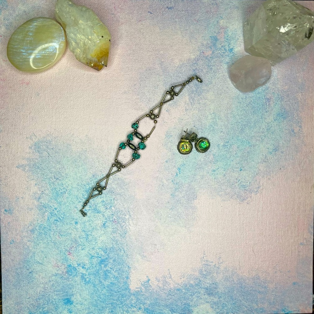Authentic turquoise and stainless steel bracelet. Bundled with abalone earring.
